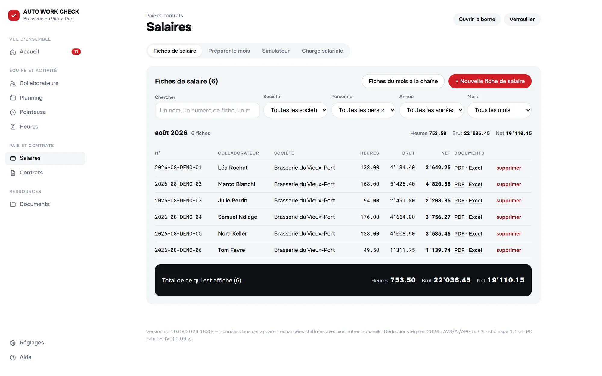 Les fiches de salaire du mois, groupées par mois avec leurs totaux, et le bouton pour préparer le mois